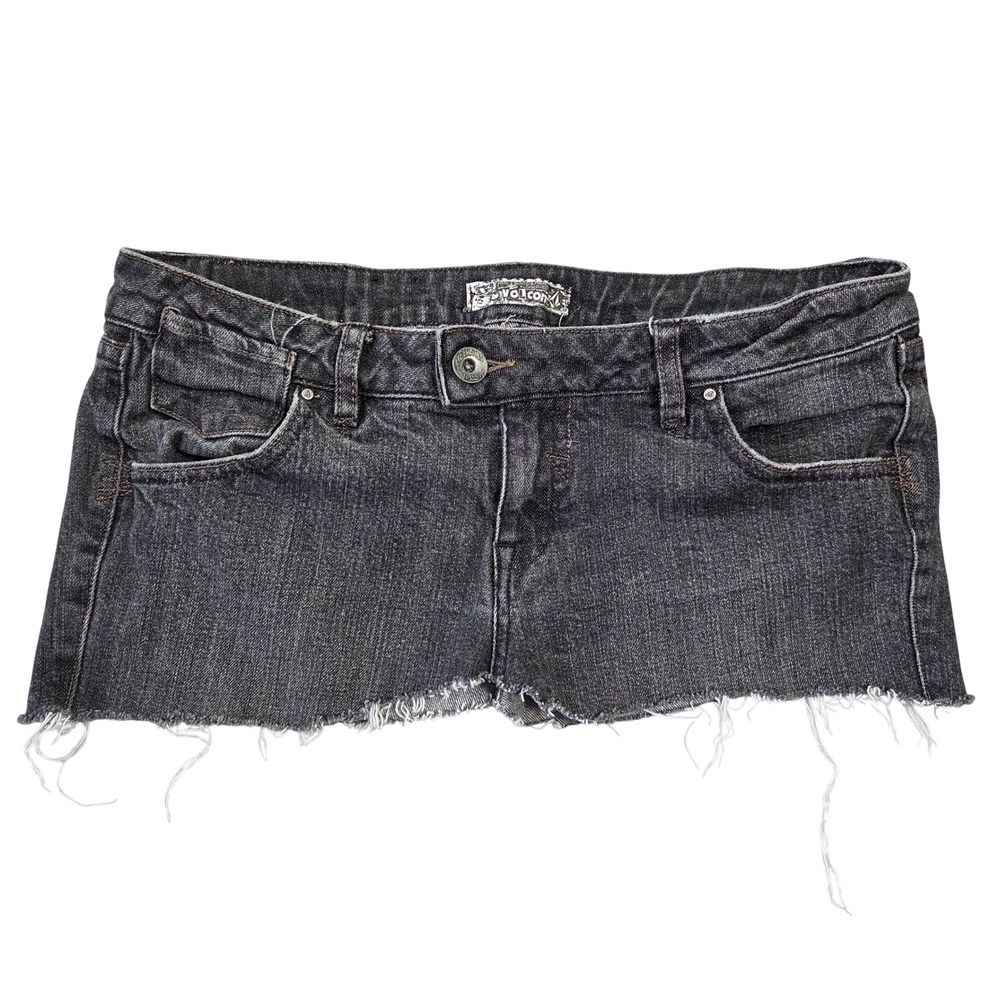 Volcom Stone Black Denim Micro Mini Skirt Raw Hem Low Rise Y2k Womens 11